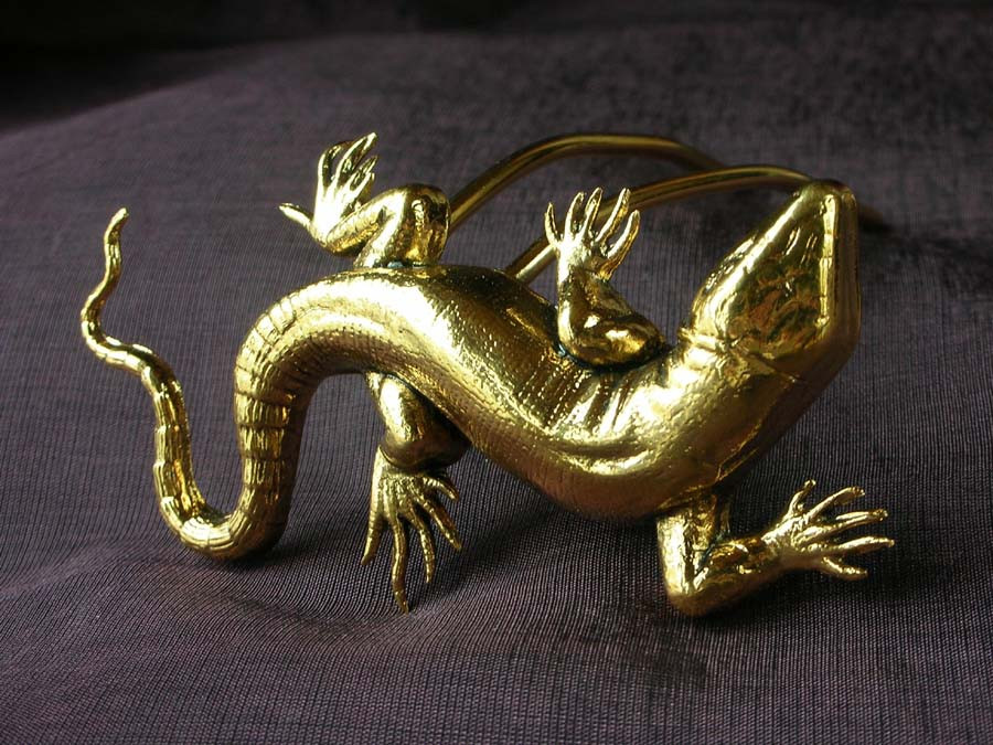 Hairpin Gecko Gold plated patinated