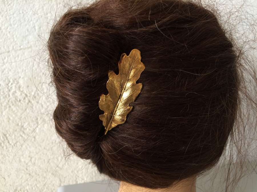 Hairpin Feuille de chêne Gold plated patinated