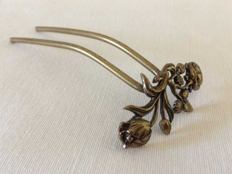 Hairpin Double fleur Oxidized brass