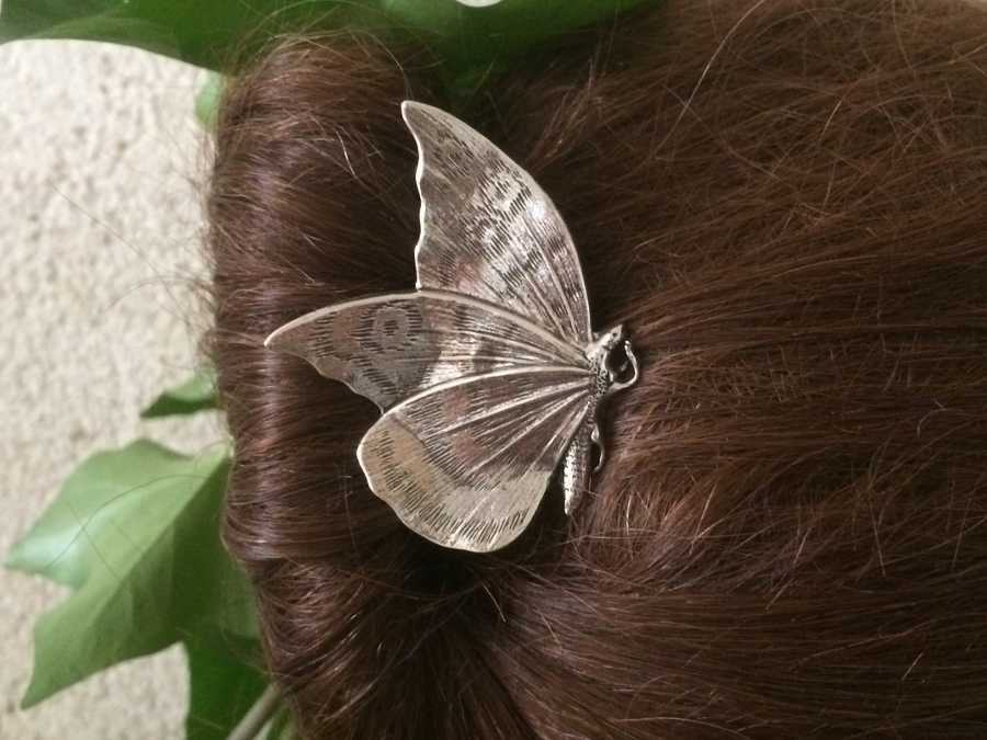 Hairpin Le papillon Silver plated patinated