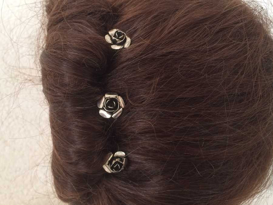 Small Hairpins Roses Silver plated patinated